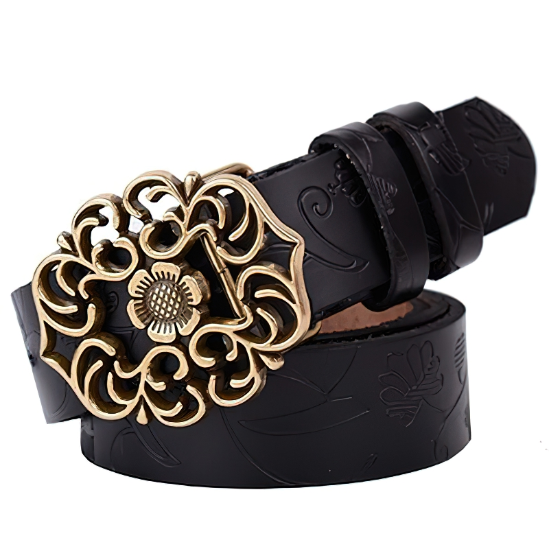 Gothic style genuine leather female belt with ornate geometric buckle, perfect for alternative fashion.