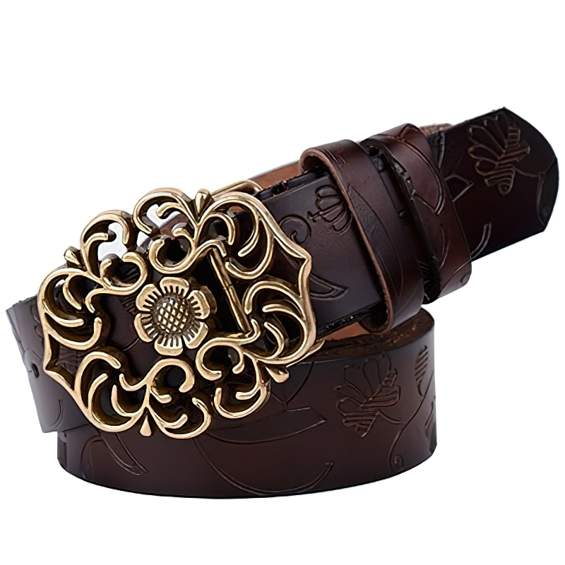 Vintage genuine leather pin buckle belt with ornate geometric design, perfect for gothic and alternative fashion styles.
