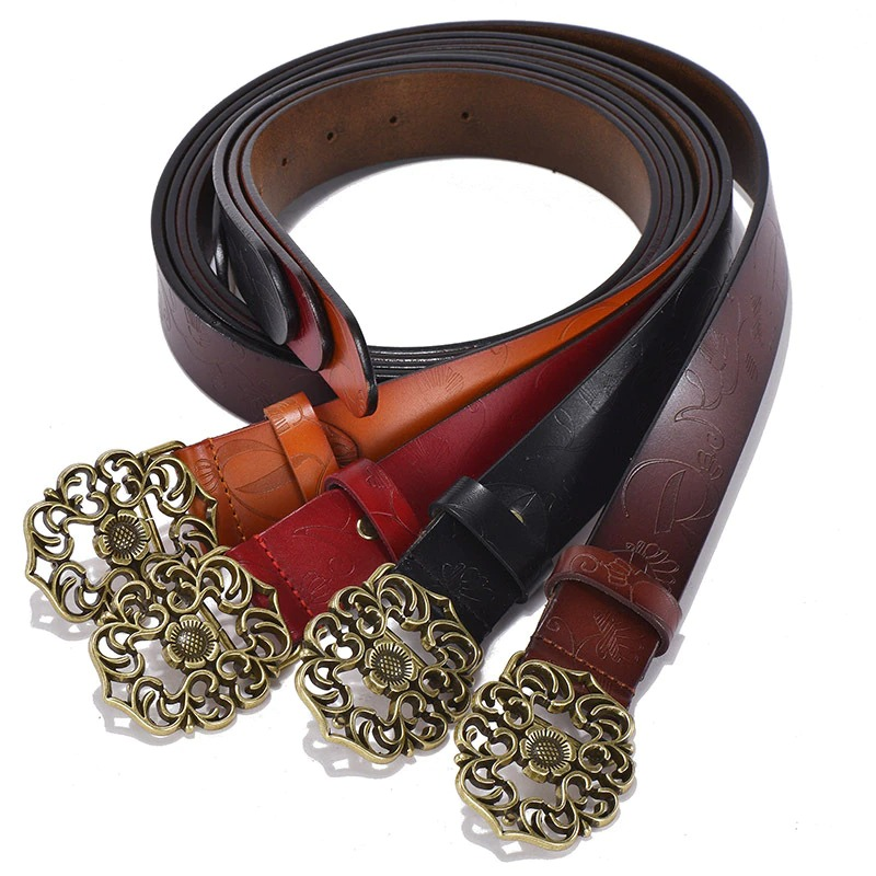 Vintage genuine leather belts with ornate pin buckles in black, red, and brown for gothic fashion.