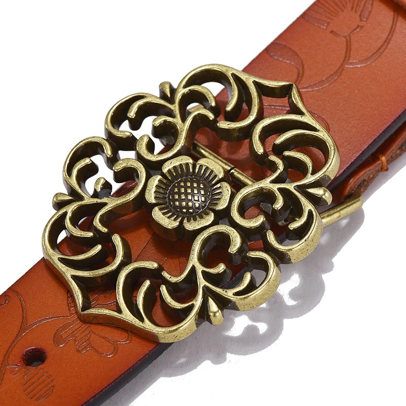 Vintage genuine leather belt with intricate alloy geometric buckle for gothic and alternative fashion.