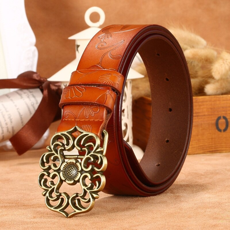 Vintage genuine leather belt with floral geometric buckle, perfect for gothic and alternative fashion styles.