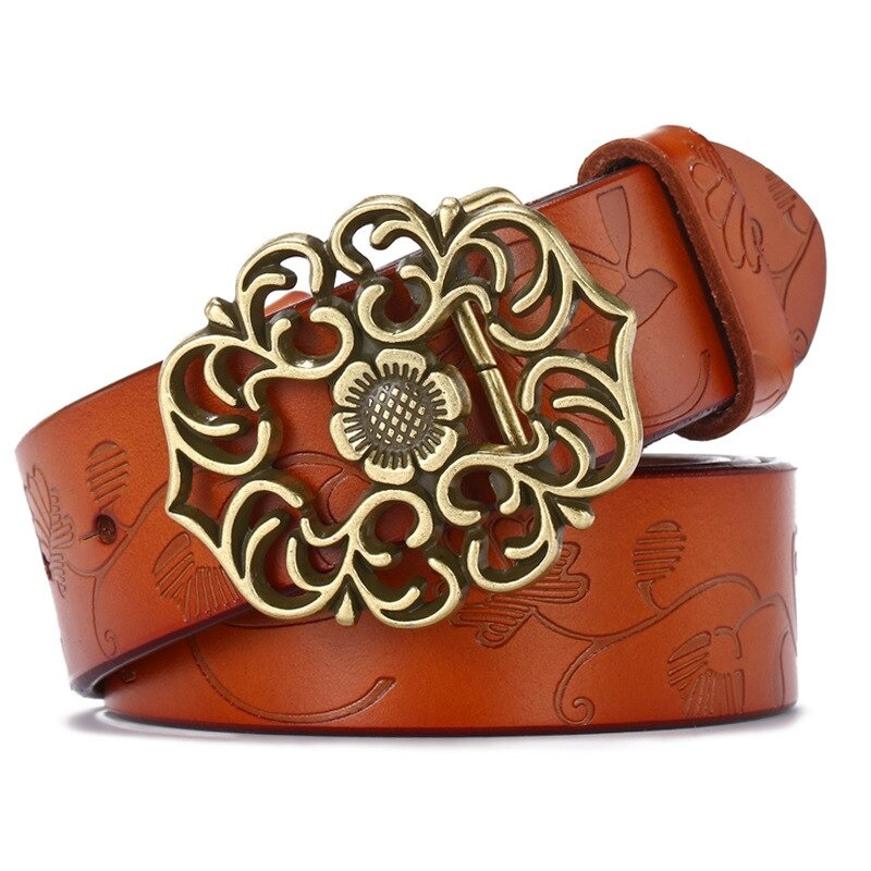 Vintage genuine leather waistbelt with decorative floral pin buckle, perfect for gothic and alternative fashion styles.