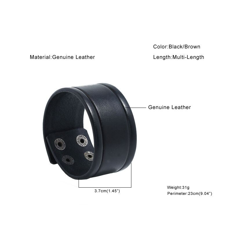 Vintage genuine leather wide bracelet in black, punk-rock style, unisex accessory for men and women.