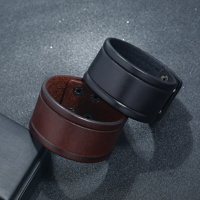 Vintage genuine leather wide bracelets in black and brown, punk-rock style accessories for men and women.