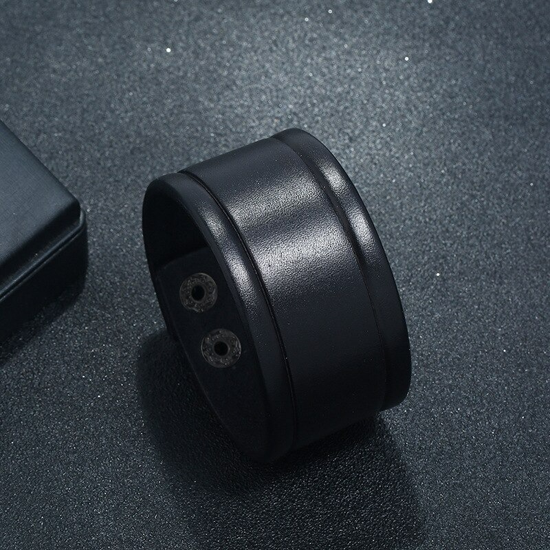 Vintage genuine leather wide black bracelet, unisex punk-rock wristband accessory for women and men.
