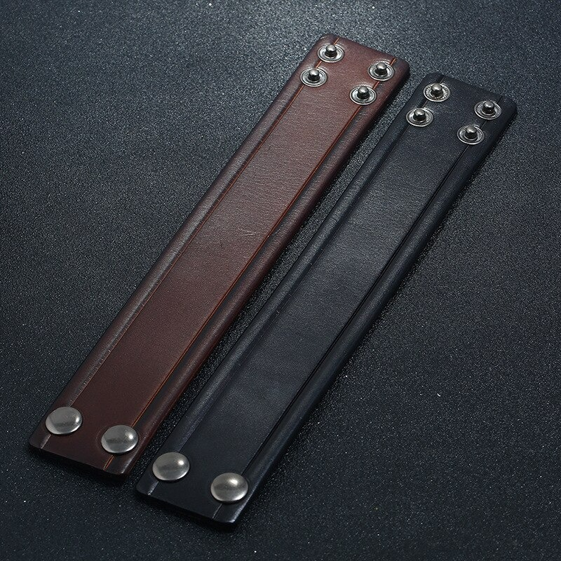 Vintage leather wide bracelet in brown and black, featuring punk-style snaps and unisex design for versatile fashion.