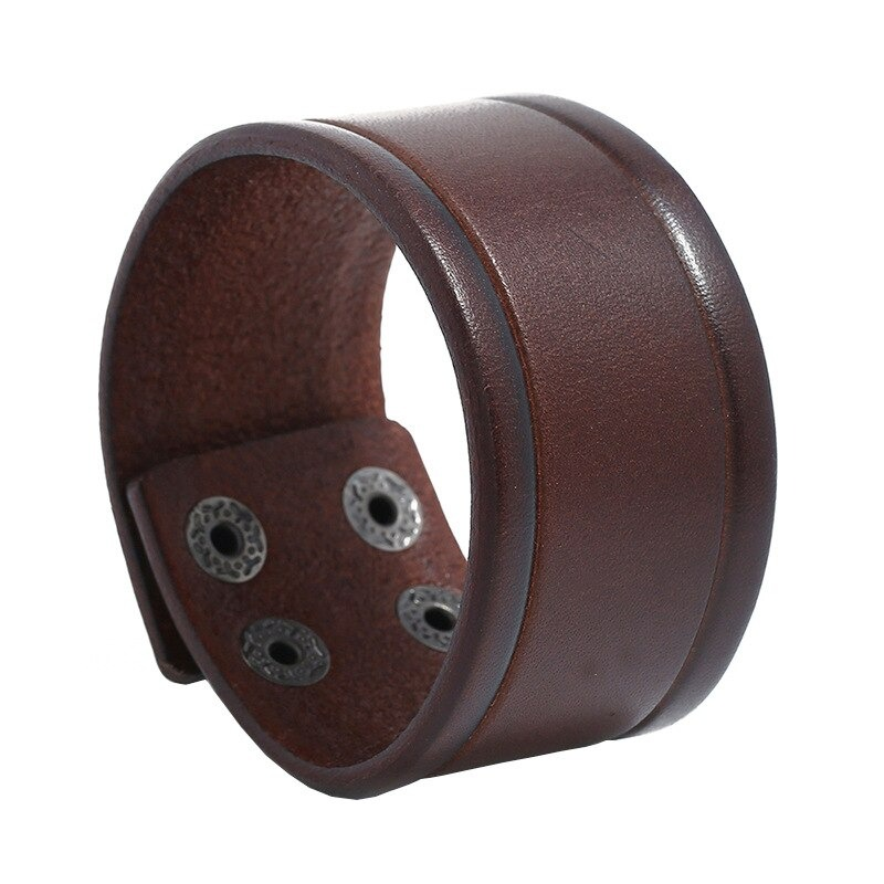 Vintage genuine leather wide bracelet in brown, punk-rock style, unisex accessory for men and women.