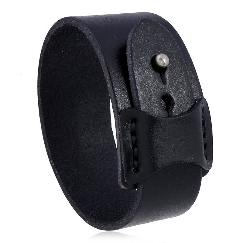 Vintage black leather wide cuff bracelet with minimalist design and adjustable clasp, unisex punk wristband.
