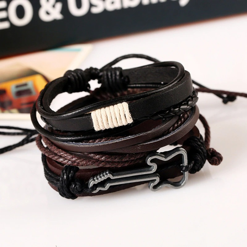 Vintage Genuine Leather  with Guitar / Multi-layer Punk Bracelets with Braided Rope - HARD'N'HEAVY