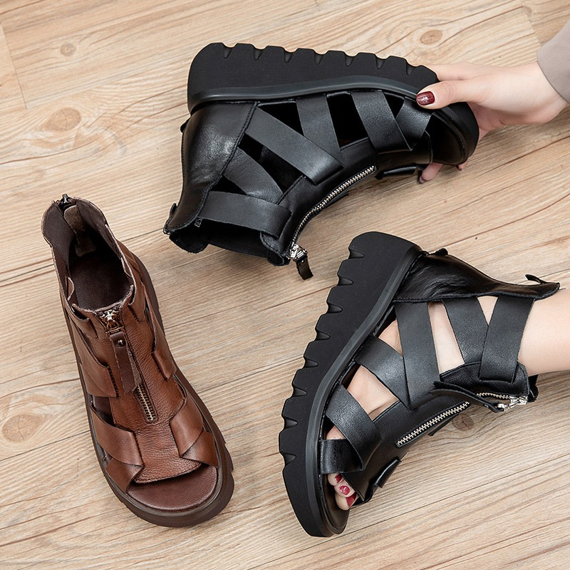 Vintage Genuine Leather Women Sandals / Zip Hollow Out Thick Bottom Wedges Rome Shoes - HARD'N'HEAVY