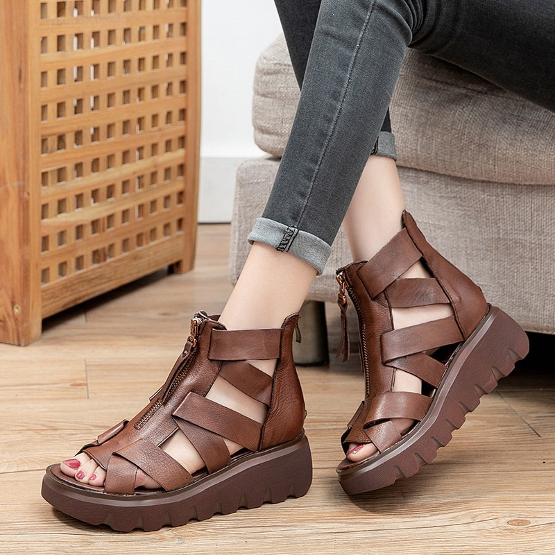 Vintage Genuine Leather Women Sandals / Zip Hollow Out Thick Bottom Wedges Rome Shoes - HARD'N'HEAVY