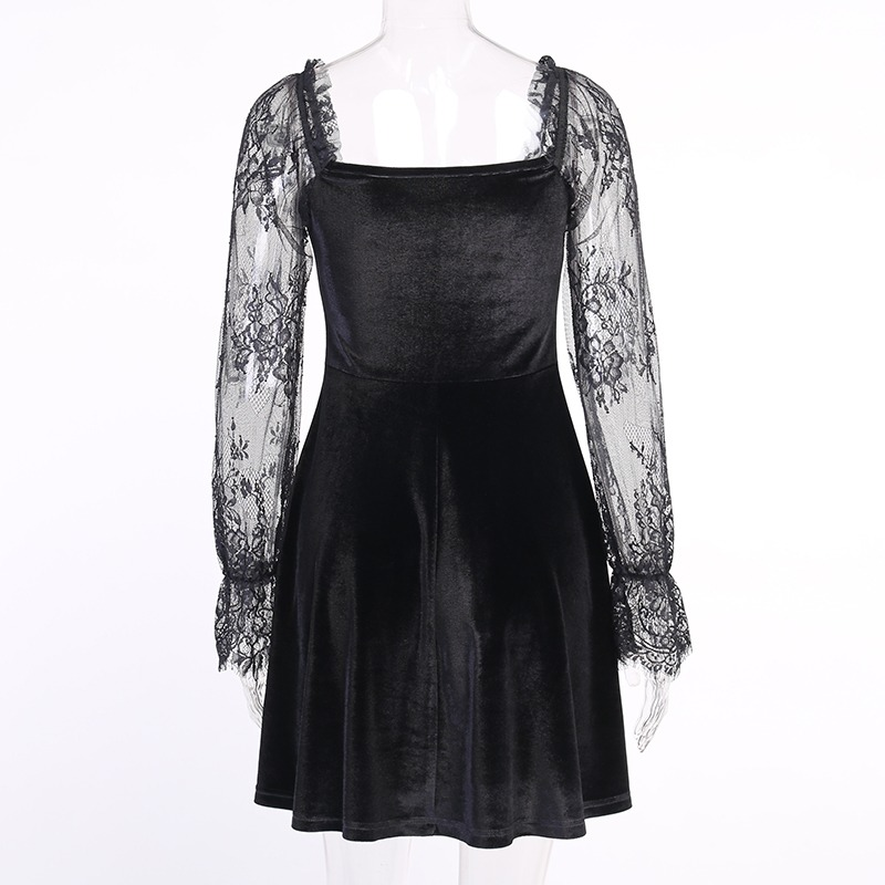 Vintage Gothic High Waisted Black Dress / Women's Bandage Mini Dress With Lace Puff Sleeves - HARD'N'HEAVY