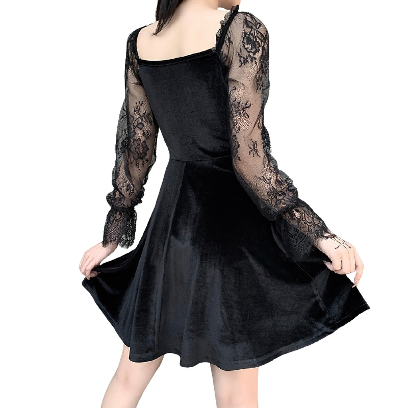 Vintage Gothic High Waisted Black Dress / Women's Bandage Mini Dress With Lace Puff Sleeves - HARD'N'HEAVY