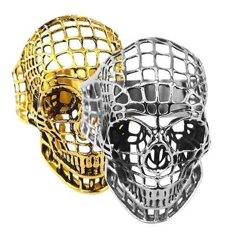 Vintage Gothic hollow out skull ring duo in gold and silver, perfect for punk rock and biker jewelry lovers.
