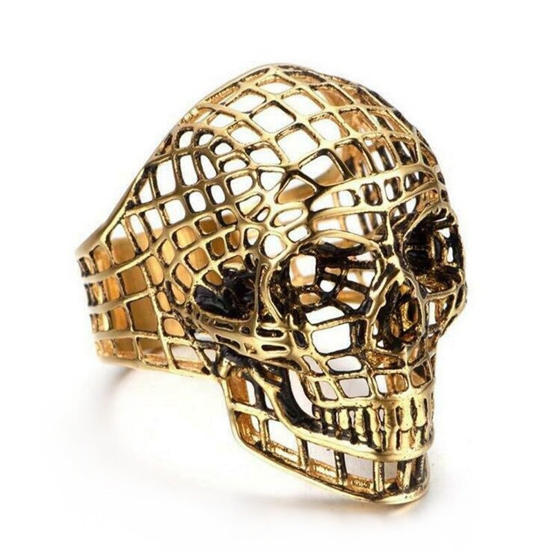 Vintage gold skull ring with hollow design, perfect for bikers and punk rock lovers.