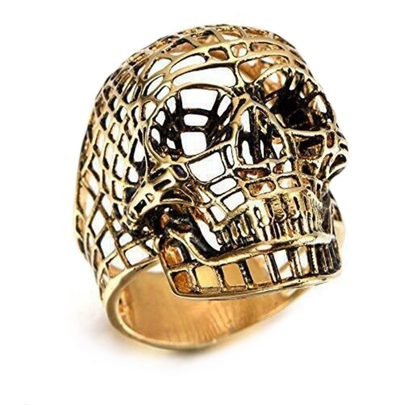 Vintage Gothic hollow out skull ring in gold, perfect for bikers and punk rock enthusiasts, unisex sizes 7-13.