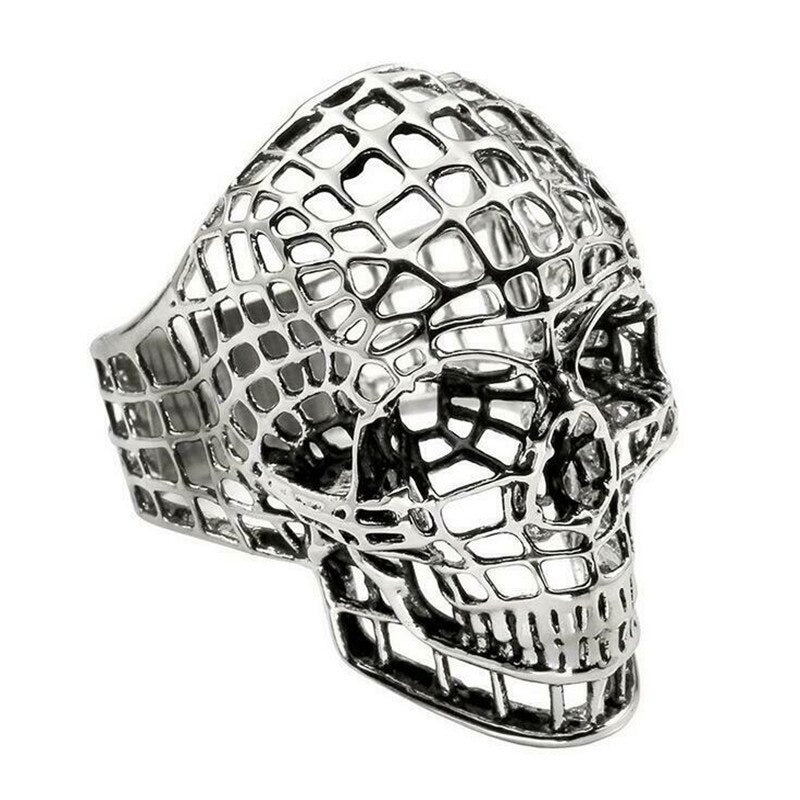 Vintage Gothic hollow out skull ring in silver, perfect for punk rock and biker fashion. Unisex metal jewelry piece.
