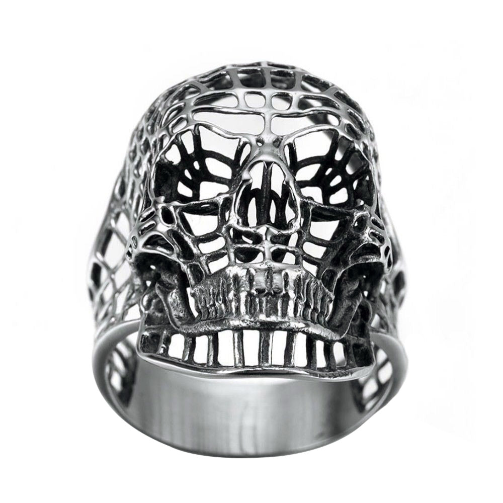 Vintage Gothic hollow out skull ring in silver, perfect for bikers and punk rock enthusiasts.