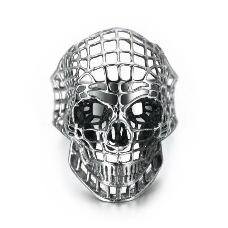 Vintage hollow out skull ring in silver, perfect for biker punk rock style and alternative jewelry enthusiasts.
