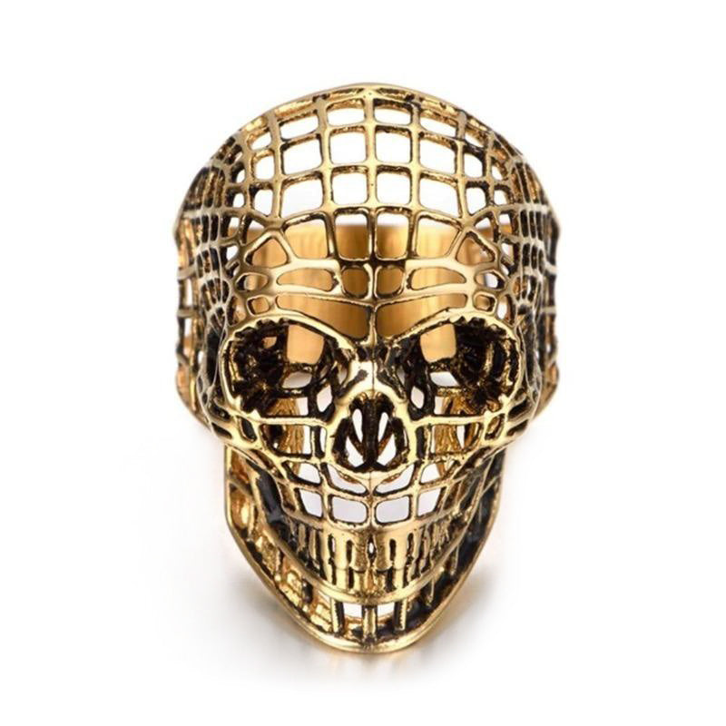 Vintage Gothic hollow out gold skull ring, perfect for biker punk rock style and alternative jewelry lovers.