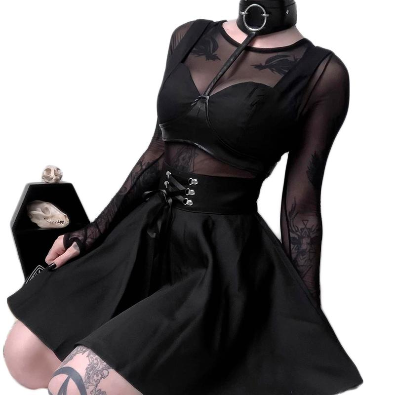 Gothic pleated skirt with lace-up details, perfect for punk fashion lovers and themed events.