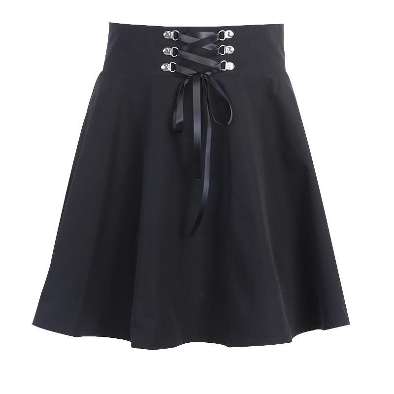 Vintage Gothic pleated mini skirt in black with lace-up and rivet details, perfect for punk grunge looks.