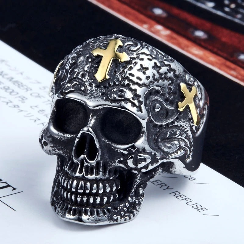 Vintage Gothic Skull Ring with Crosses, unique biker jewelry with intricate retro flower design.