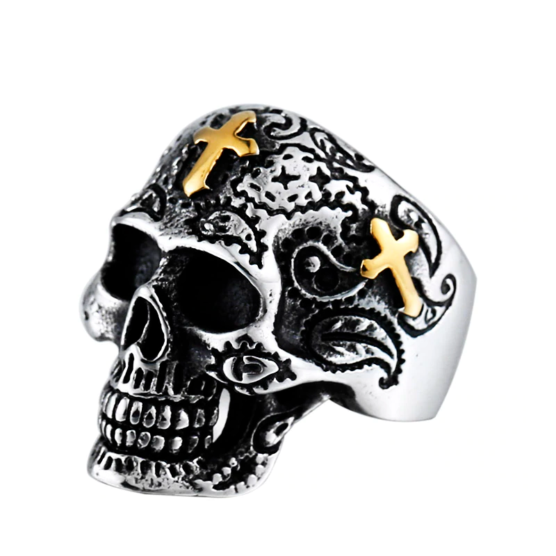 Vintage Gothic Skull Ring with Cross / Retro Flower Design Cool Sugar Skull / Biker Jewelry - HARD'N'HEAVY