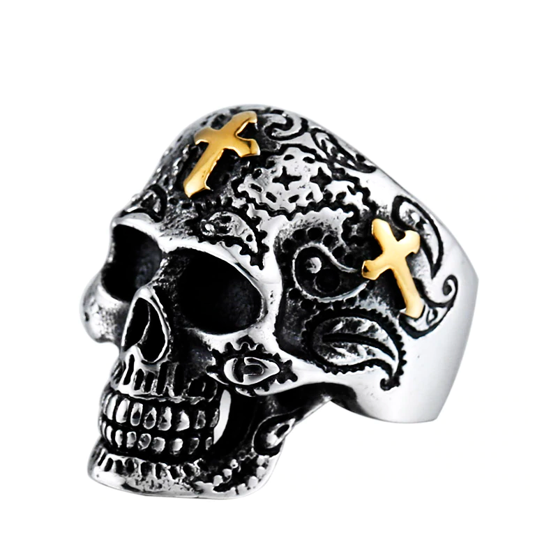Vintage gothic skull ring with golden crosses and intricate designs, perfect for bikers and punk style lovers.