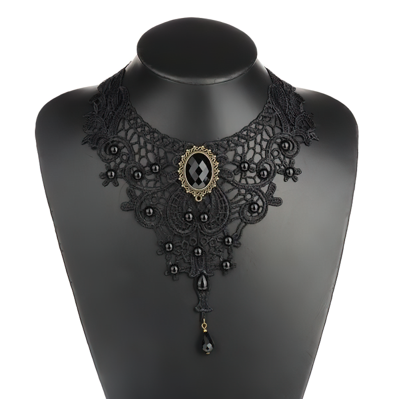 Vintage Gothic lace necklace with intricate details and black gem, perfect for rock parties and cosplay outfits.