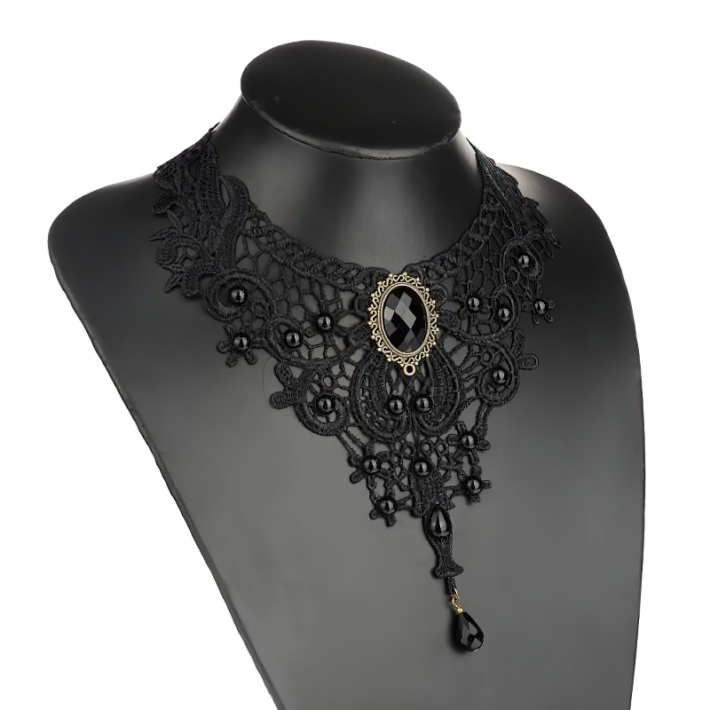 Vintage Gothic Women's Necklace in black lace with intricate design and gemstone, perfect for concerts and cosplay.