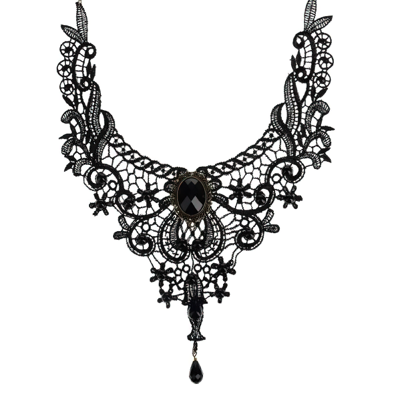Elegant vintage gothic necklace with lace design and black stone, perfect for rock concerts and cosplay outfits.