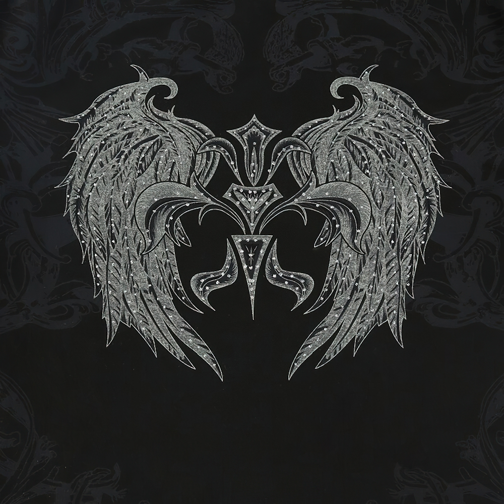 Stylish gothic wing design in silver on a black background, perfect for a trendy grunge crop top.