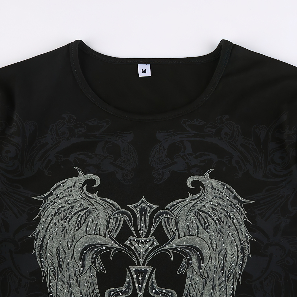 Close-up of black vintage grunge crop top featuring winged graphic print, perfect for gothic fashion lovers.