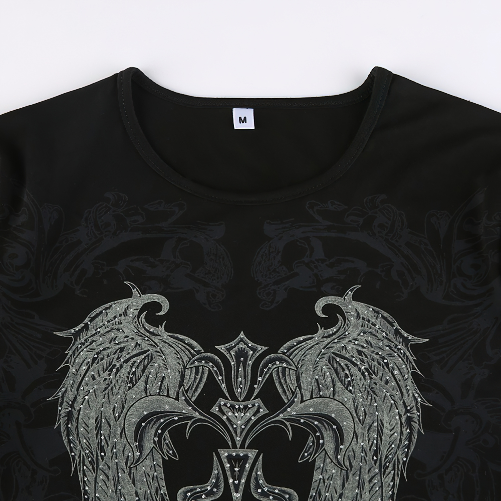 Vintage Grunge Short Sleeve Crop Tops for Women / Gothic Female Black O-neck Wings Print T-shirt - HARD'N'HEAVY
