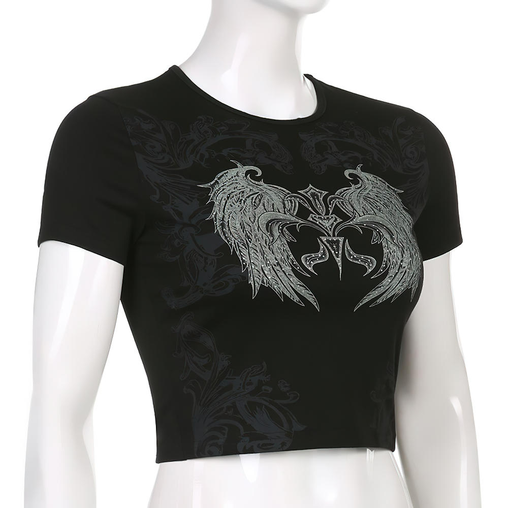 Black short sleeve crop top with gothic wings print for women, perfect for trendy grunge fashion.