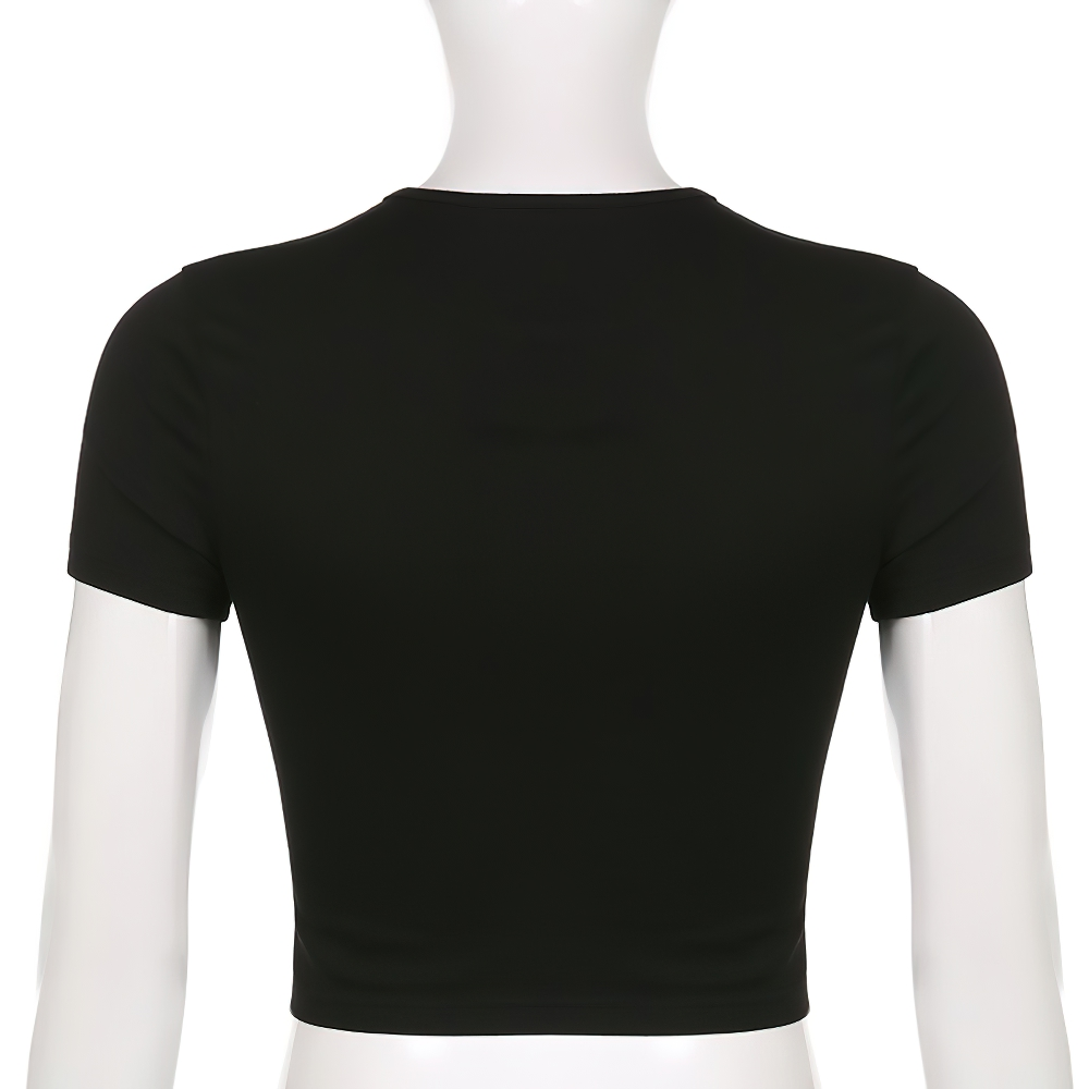 Back view of a black short sleeve crop top for women, showcasing a stylish grunge design.