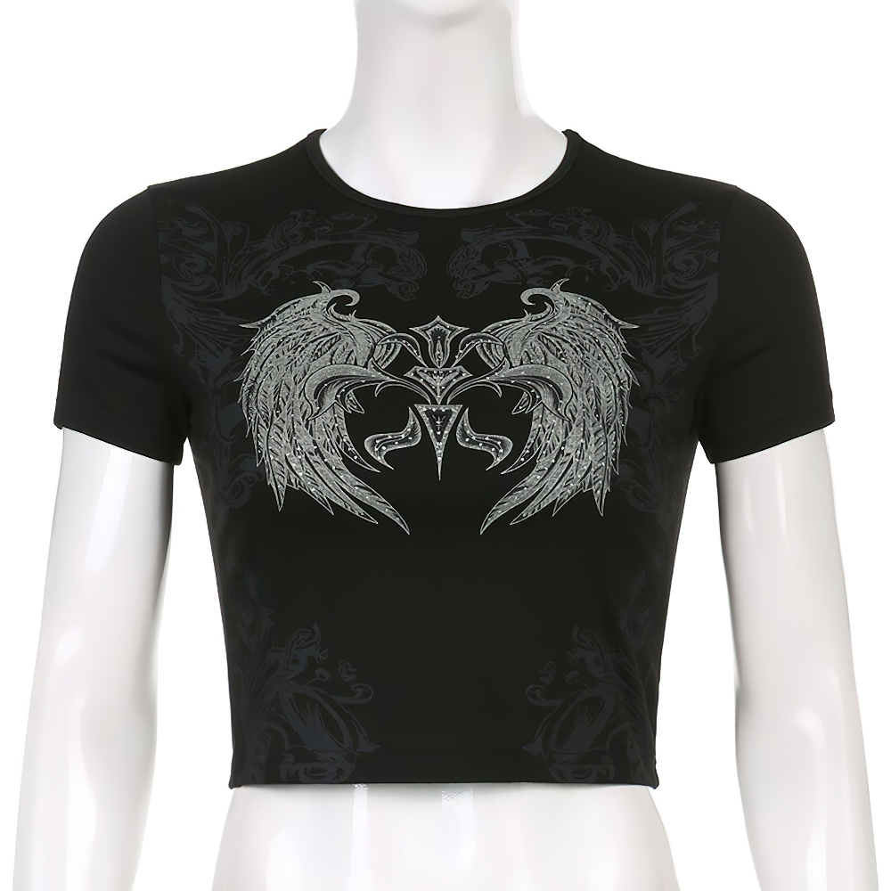 Vintage Grunge Short Sleeve Crop Tops for Women / Gothic Female Black O-neck Wings Print T-shirt - HARD'N'HEAVY