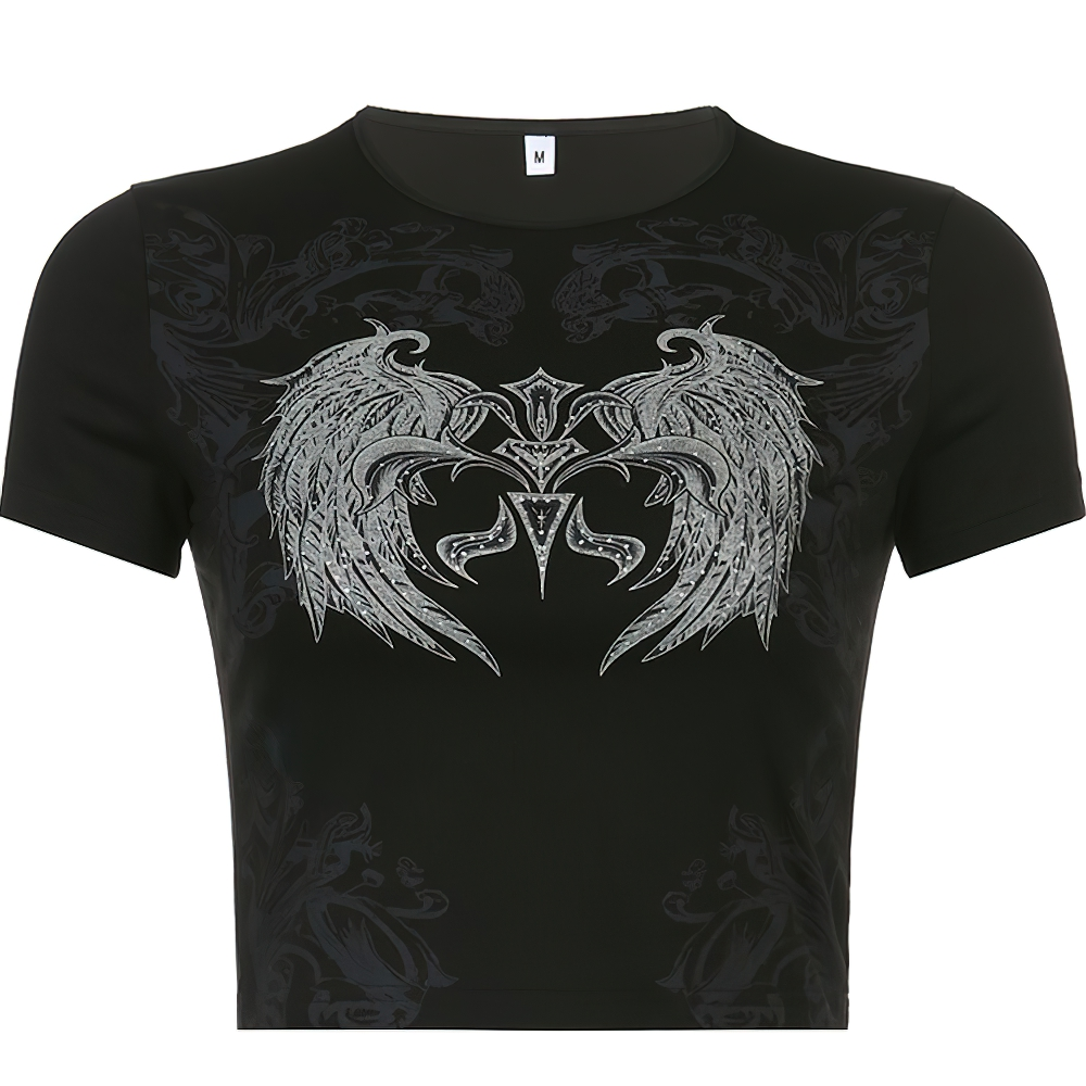Vintage grunge black crop top for women featuring gothic wing print and elegant design.