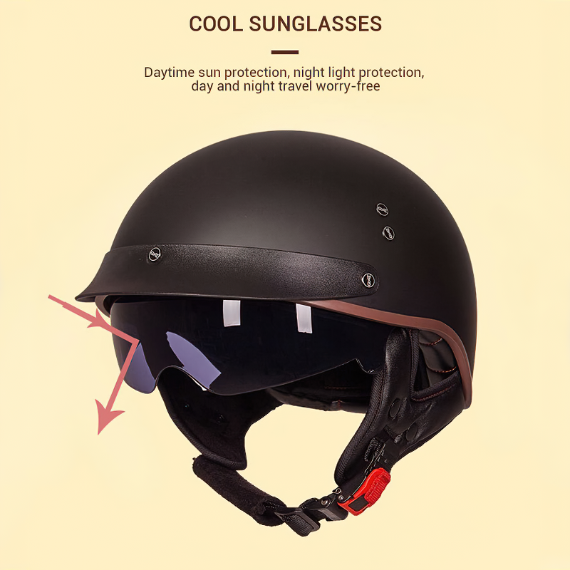 Half face biker helmet with integrated sunglasses for sun and night protection, perfect for stylish and safe riding.