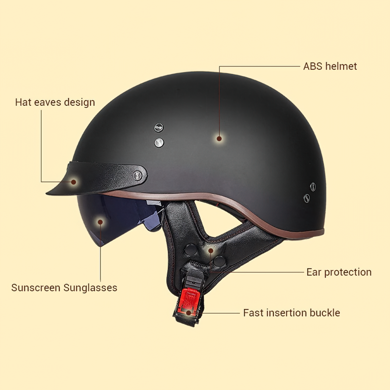 Half face vintage biker helmet with ABS design, ear protection, hat eaves, and sunscreen sunglasses features.