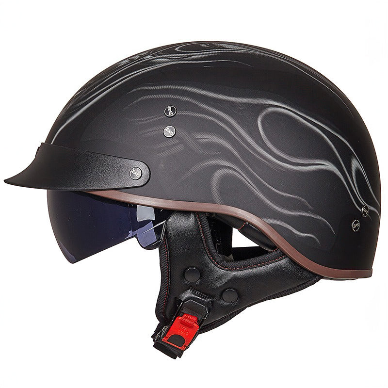 Vintage half face biker helmet with flame design, DOT certified for stylish head protection, perfect for all seasons.