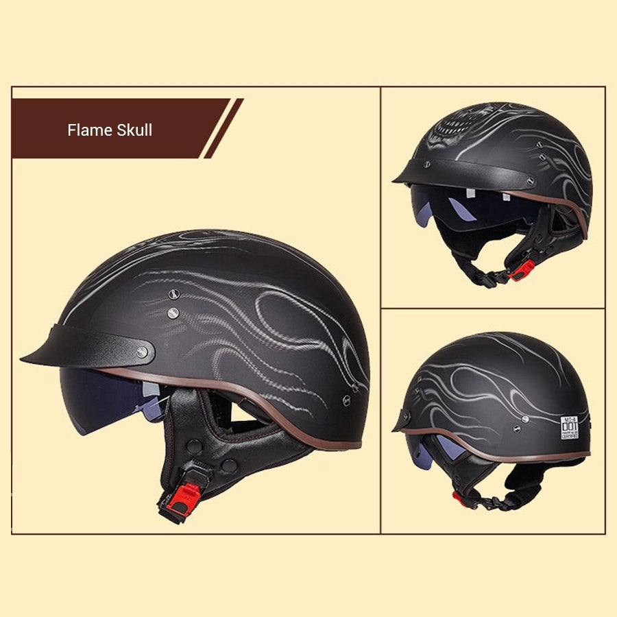 Vintage half face biker helmet with flame skull design and DOT certification for maximum safety.