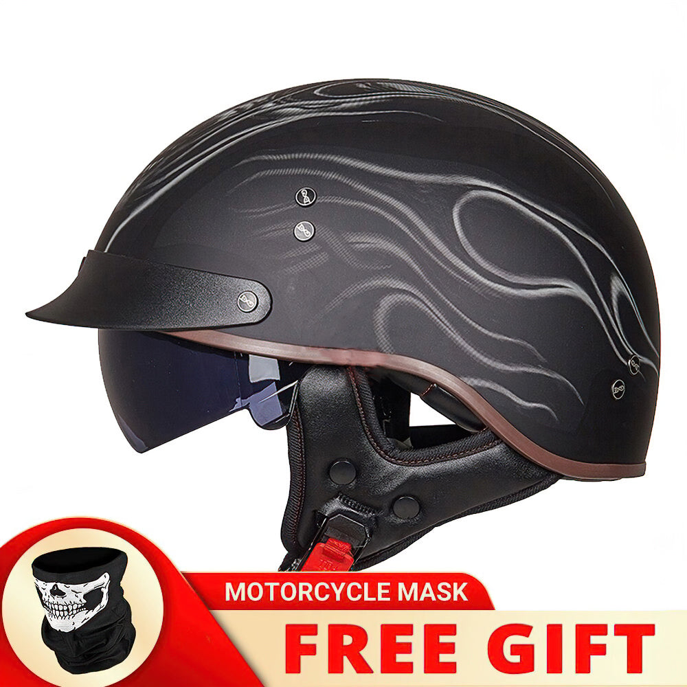 Vintage Half Face Biker Helmet with Flames / DOT Certification Head Protection Helmet in Rock Style - HARD'N'HEAVY