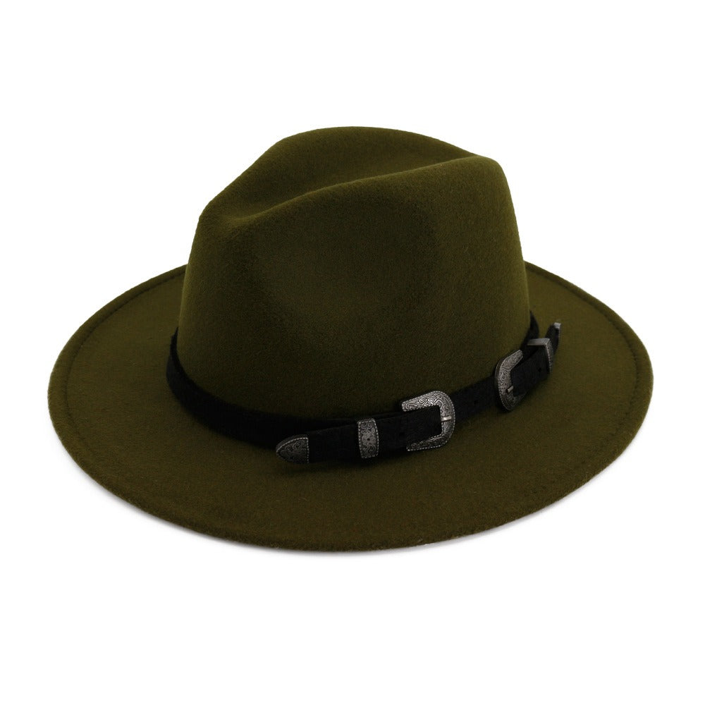 Vintage unisex hat in olive green with stylish belt, perfect for gothic, punk, or rock outfits.