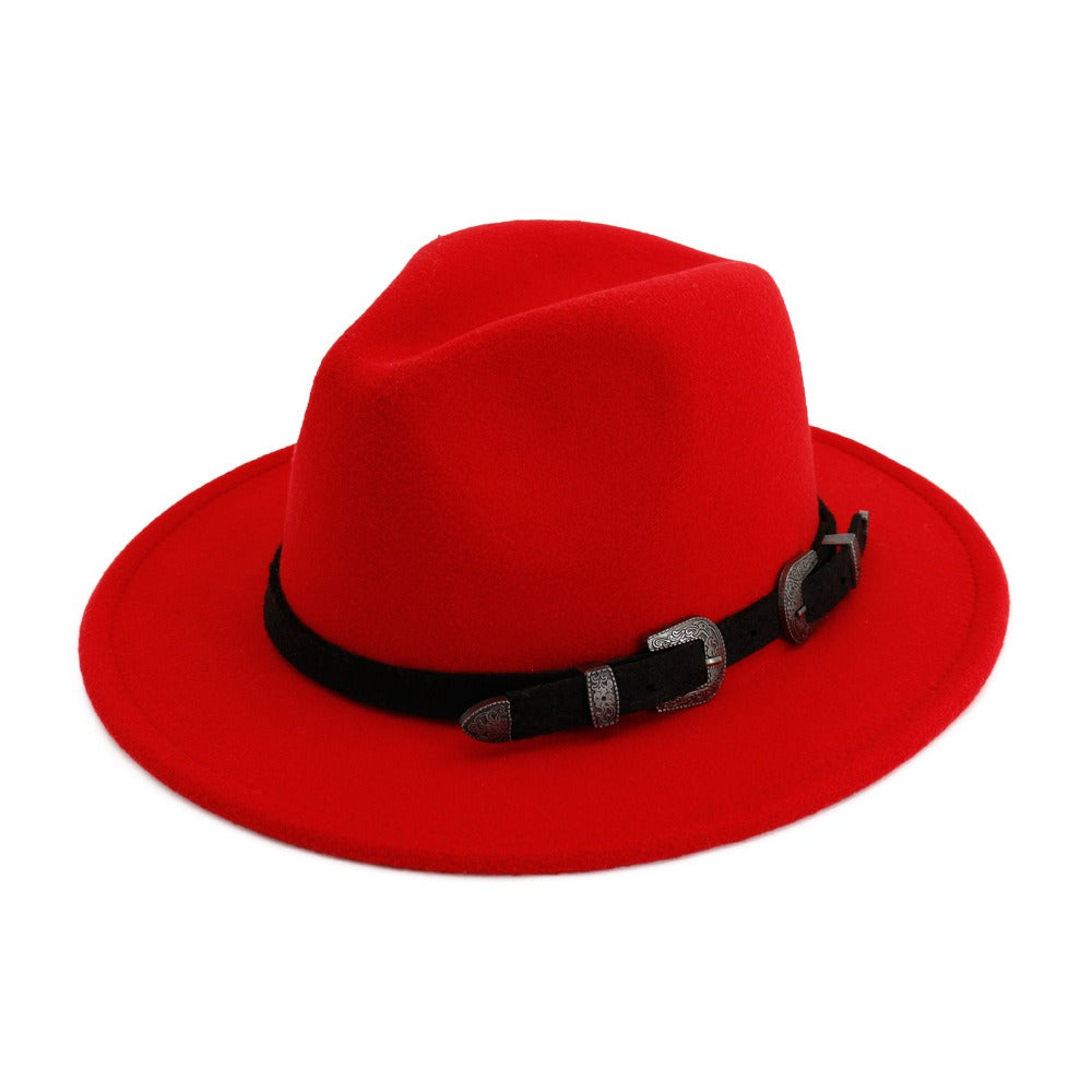 Bold red vintage fedora hat with belt, perfect for unisex edgy styles and punk outfits.