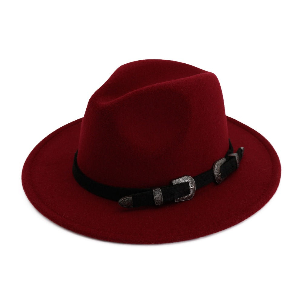 Vintage unisex fedora hat in red with stylish belt, perfect for gothic, punk, or rock fashion.