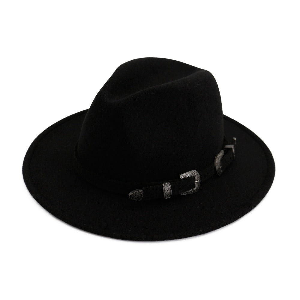 Vintage unisex black fedora hat with stylish belt, perfect for gothic, punk, and rock fashion enthusiasts.