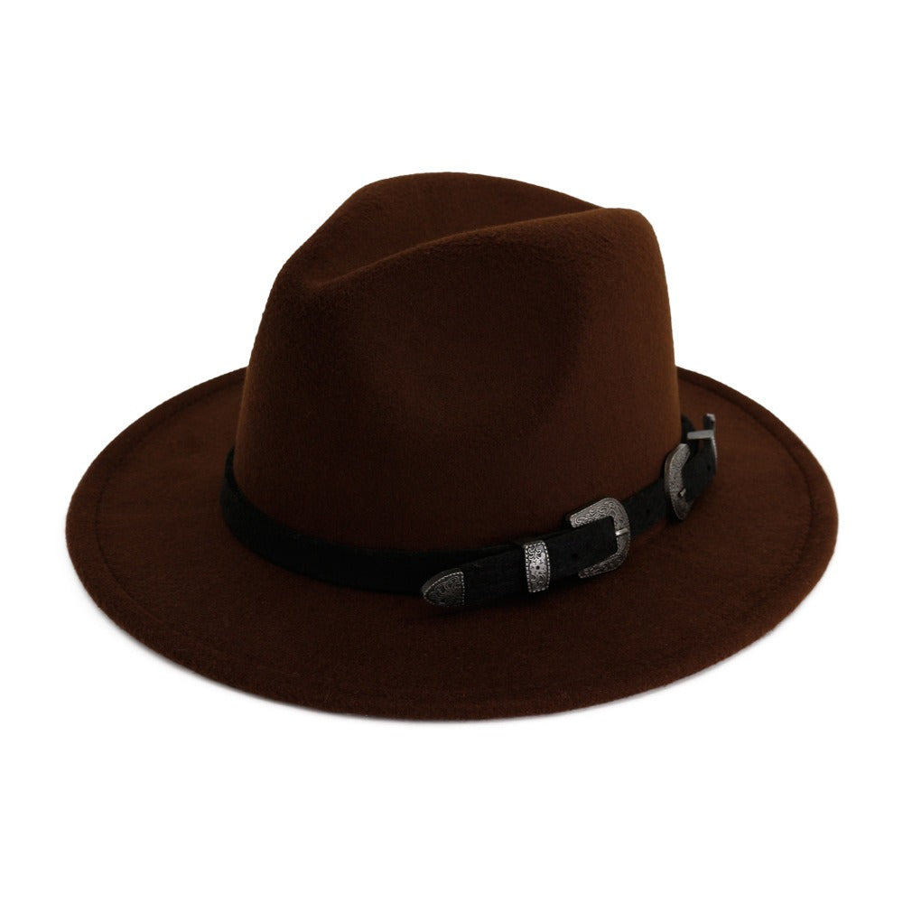 Vintage unisex hat with a stylish belt, perfect for gothic, punk, or rock fashion; made of cotton, wool, and polyester.