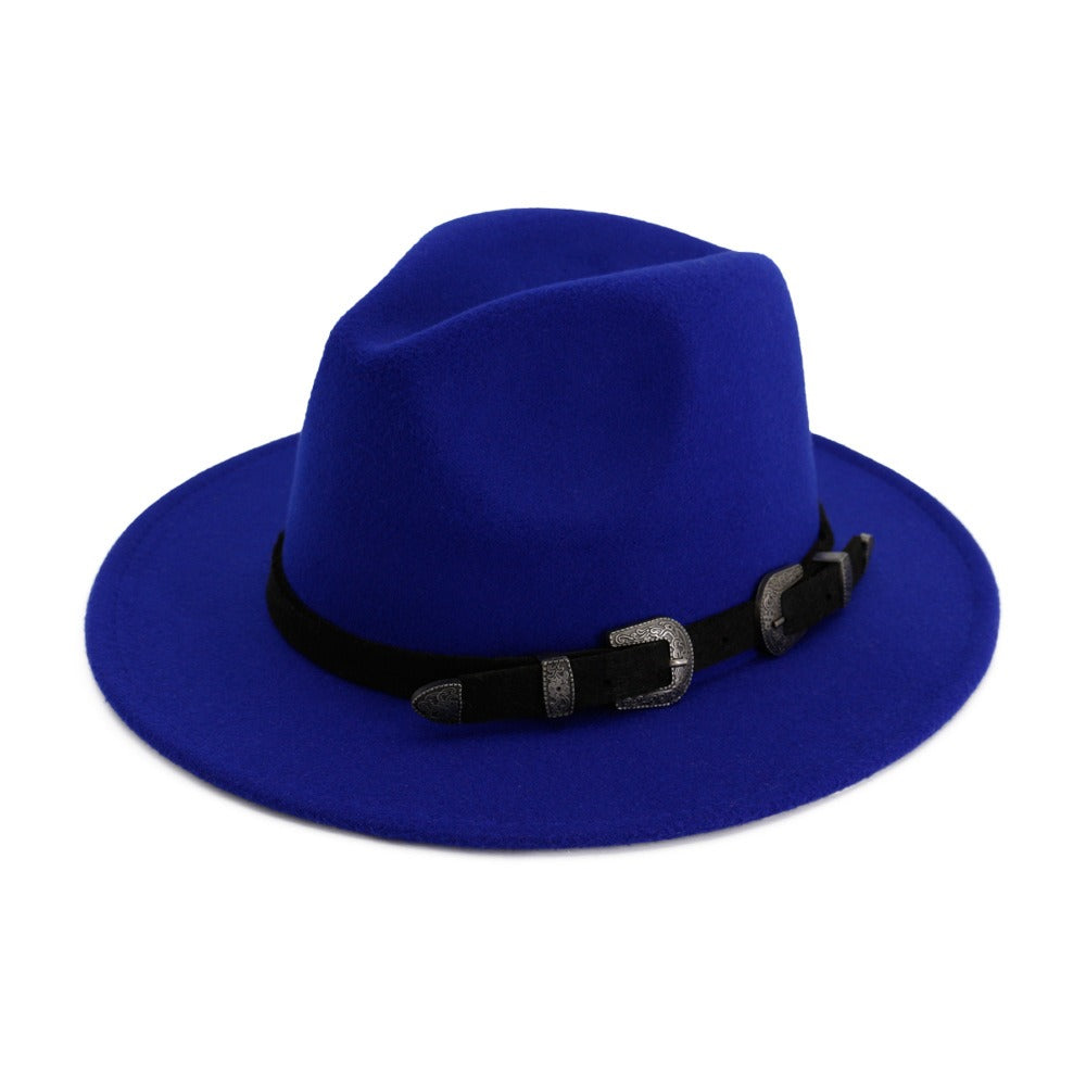 Fashionable blue vintage unisex hat with a belt, perfect for edgy gothic or punk styles.